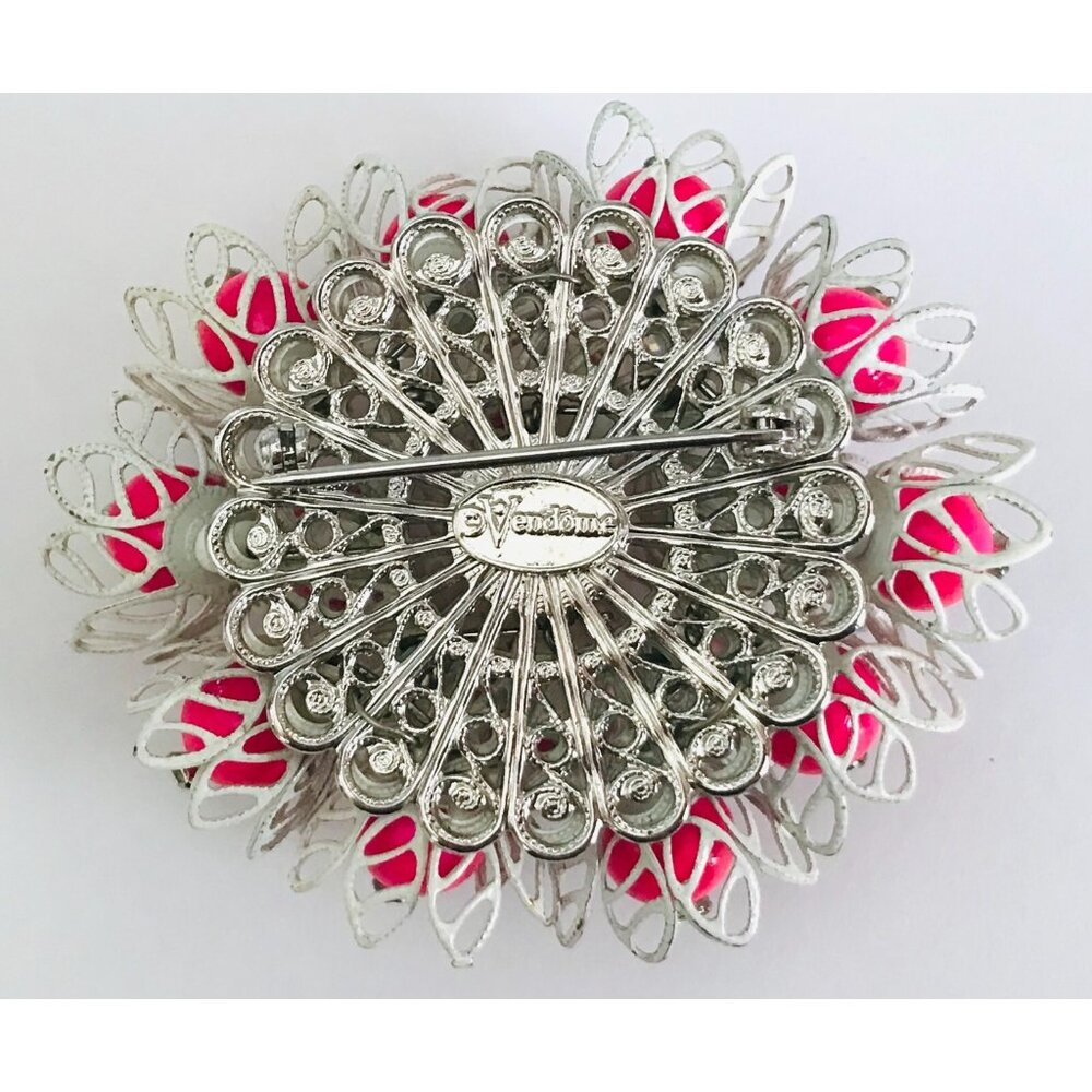 Vintage Vendome Pink Cluster Brooch Enamel Bead Rhinestone Signed 2.5" Estate - Picture 3 of 5